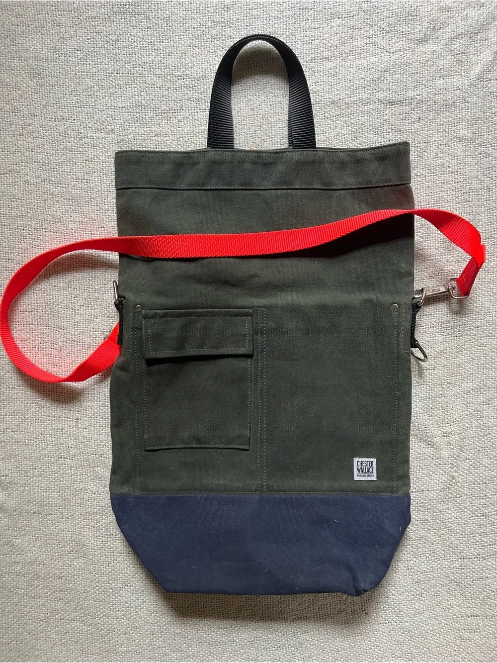 Chester Wallace Green Canvas Tote with Navy Base and Orange Strap